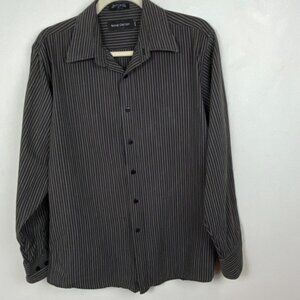 Wayne Gretzky Mens Striped Long Sleeve‎ Dress Shirt Black Cotton Collared Top M